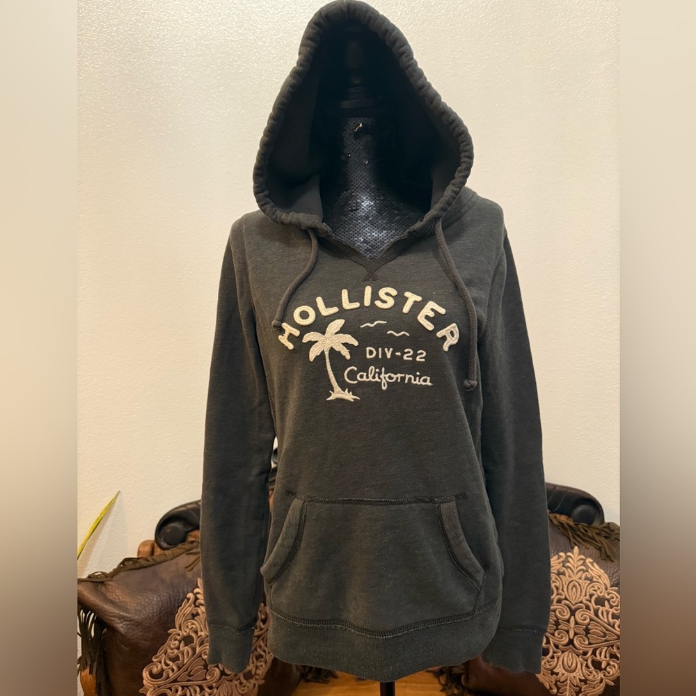 Hollister Y2K 2000’s Charcoal Gray Surg Crewneck Hoodie Pullover with Palm Logo